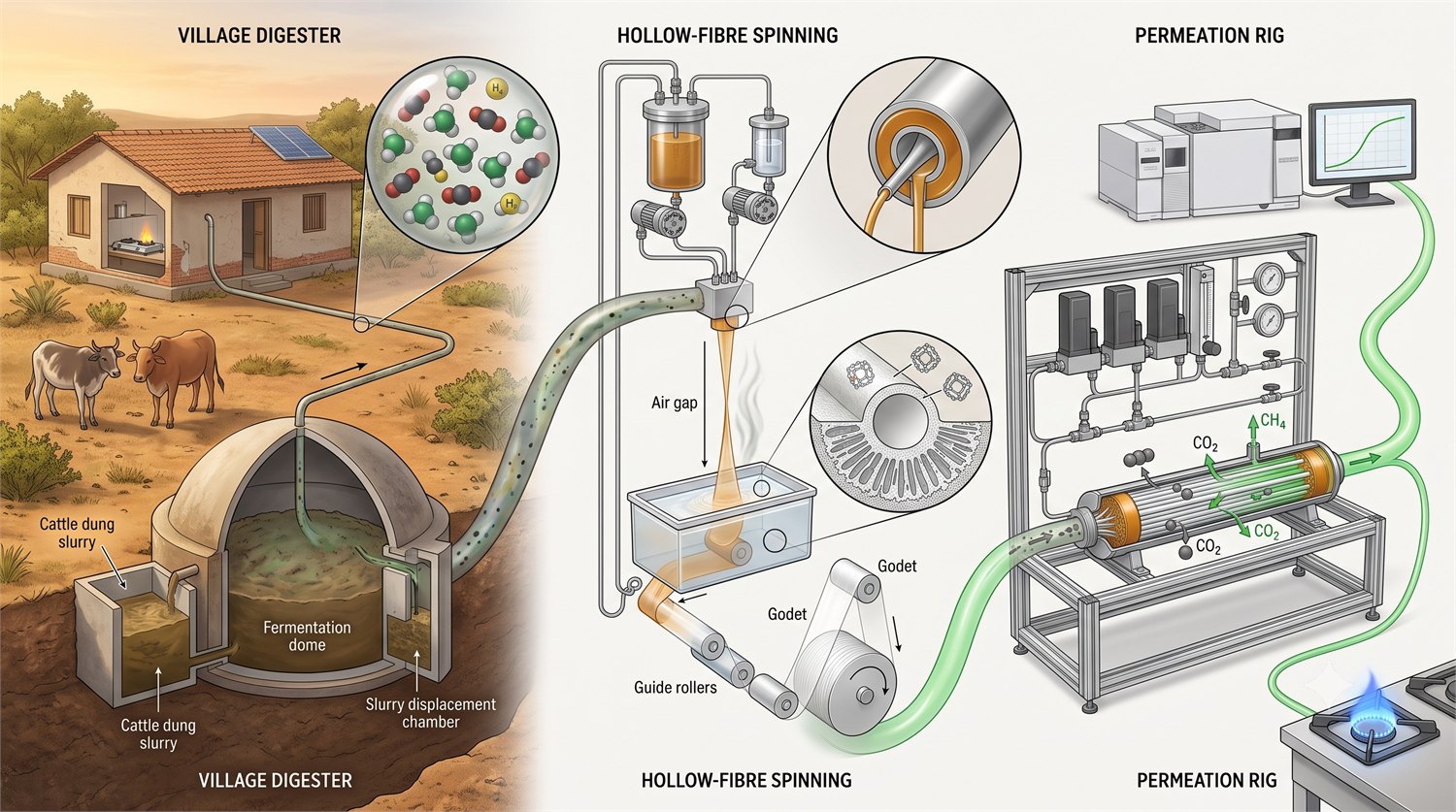 Illustration following biogas from a village to a laboratory membrane, left to
                      right. Village digester: a farmhouse on dry scrubland with a rooftop solar panel
                      and a biogas stove burning inside, cattle nearby, and a cutaway fixed-dome
                      digester showing cattle dung slurry entering an inlet tank, a fermentation dome
                      and a slurry displacement chamber. A magnified inset shows the raw gas as mixed
                      methane, carbon dioxide and trace sulphur molecules. Hollow-fibre spinning: a
                      pressurised dope vessel and bore-fluid vessel driven by gear pumps into a
                      spinneret, shown cut away extruding an annulus of amber polymer around a central
                      bore fluid; the nascent fibre stretches through an air gap into a water
                      coagulation bath, over guide rollers and a godet onto a take-up drum. An inset
                      shows one fibre in cross-section — open lumen, thin outer skin holding
                      metal-organic framework crystals, and finger-like pores through the wall.
                      Permeation rig: mass flow controllers, valves, rotameter and pressure gauges on
                      an aluminium frame feeding a cutaway hollow-fibre module where carbon dioxide
                      passes out through the fibre walls and methane leaves as the purified product,
                      with a gas chromatograph alongside and the clean gas feeding a steady blue
                      cooking flame.