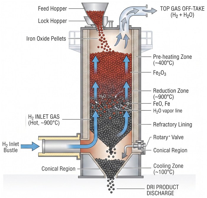 Cutaway schematic of a hydrogen direct-reduction shaft furnace. Iron oxide
                        pellets enter through a feed and lock hopper at the top and descend through a
                        pre-heating zone at about 400 °C, a reduction zone at about 900 °C, and a
                        cooling zone at about 100 °C. Hot hydrogen enters through a bustle near the
                        base and flows upward against the descending bed; the pellets change from red
                        hematite at the top to grey metallic iron at the bottom, and steam leaves with
                        the top gas. Reduced product discharges through a conical region at the base.