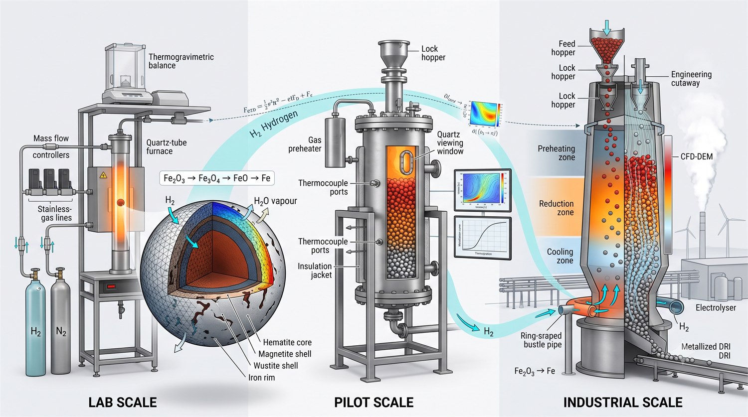 Illustration of hydrogen iron ore reduction modelled at three scales, left to
                      right. Lab scale: a quartz-tube furnace, thermogravimetric balance, mass flow
                      controllers and hydrogen and nitrogen cylinders, beside a cutaway single pellet
                      showing shrinking-core layers — hematite core, magnetite shell, wustite shell
                      and metallic iron rim — half overlaid with a finite-element mesh and a
                      concentration contour, with hydrogen diffusing in and water vapour out. Pilot
                      scale: an insulated steel reactor on a frame with a lock hopper, gas preheater,
                      thermocouple ports and a quartz viewing window, cut away to show a packed bed
                      grading from red pellets at the top to grey at the bottom, next to monitors
                      showing a contour plot and a metallization curve. Industrial scale: a tall
                      shaft furnace with feed and lock hoppers, preheating, reduction and cooling
                      zones, a ring-shaped bustle pipe injecting hydrogen upward against the
                      descending bed, a CFD-DEM particle field coloured by metallization, metallized
                      DRI discharging onto a conveyor, and an electrolyser and wind turbines behind.