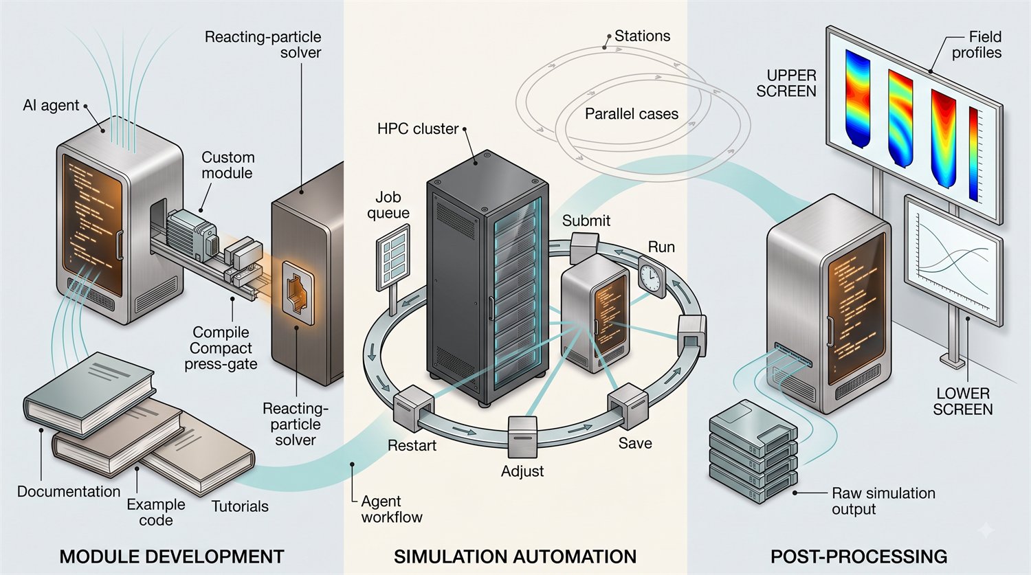 Three-panel diagram of the agent workflow. Module development: manuals of documentation, example code and tutorials feed an AI agent cabinet, which sends a machined module through a compile stage into a socket in the reacting-particle solver. Simulation automation: an agent beside an HPC cluster drives a loop of five stations — submit, run, save, adjust, restart — with fainter rings behind for parallel cases. Post-processing: raw simulation output passes through the agent to screens showing contour field profiles and trend curves.