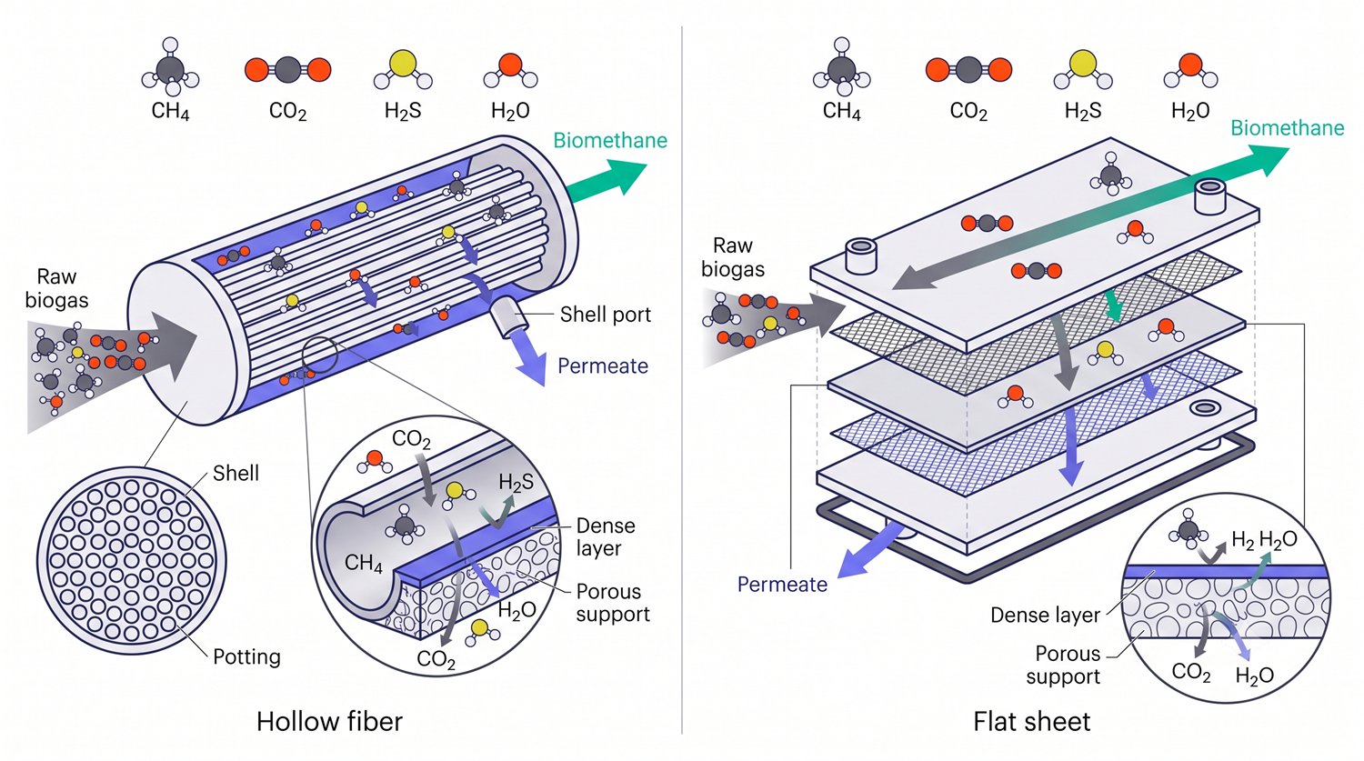 Two membrane modules compared. Left, a hollow fiber module drawn as a cutaway cylinder: a
                          dense bundle of parallel hollow fibers sealed at both ends in resin potting, raw biogas
                          entering the fiber bores at one end, carbon dioxide, hydrogen sulfide and water passing out
                          through the fiber walls to a shell port as permeate, and methane continuing along the bores
                          to leave as biomethane. A cross-section inset shows the shell packed with fiber circles, and
                          a magnified callout shows one fiber wall as a thin dense layer over a thicker porous support.
                          Right, a flat sheet module drawn as an exploded plate-and-frame stack: upper plate, feed
                          spacer, flat membrane sheet, permeate spacer and lower plate, with the feed sweeping across
                          the sheet, permeate leaving below and biomethane leaving at the far edge.
